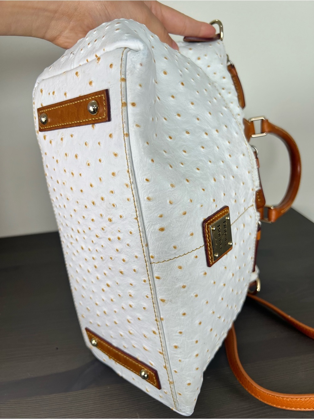 Dooney & Bourke White Ostrich Embossed Leather Satchel Tote Bag - Picture 11 of 16